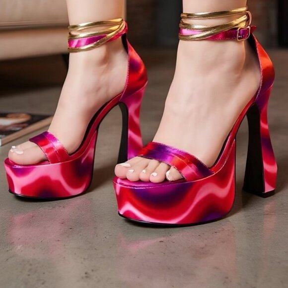 Poster Grl Hypnotic Habits Pink Platform Heels 5.5" Gold Chain Strap Sandals 8 - Picture 2 of 4